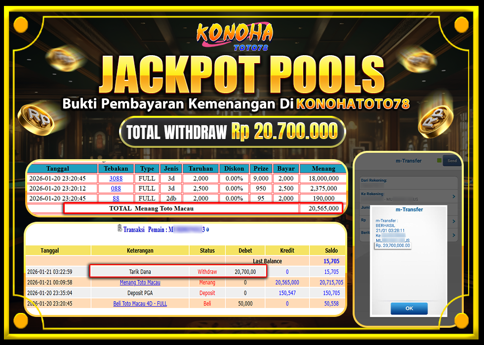 KONOHATOTO78 JACKPOT TOGEL PASARAN TOTOMACAURp.20.700.000,-LUNAS